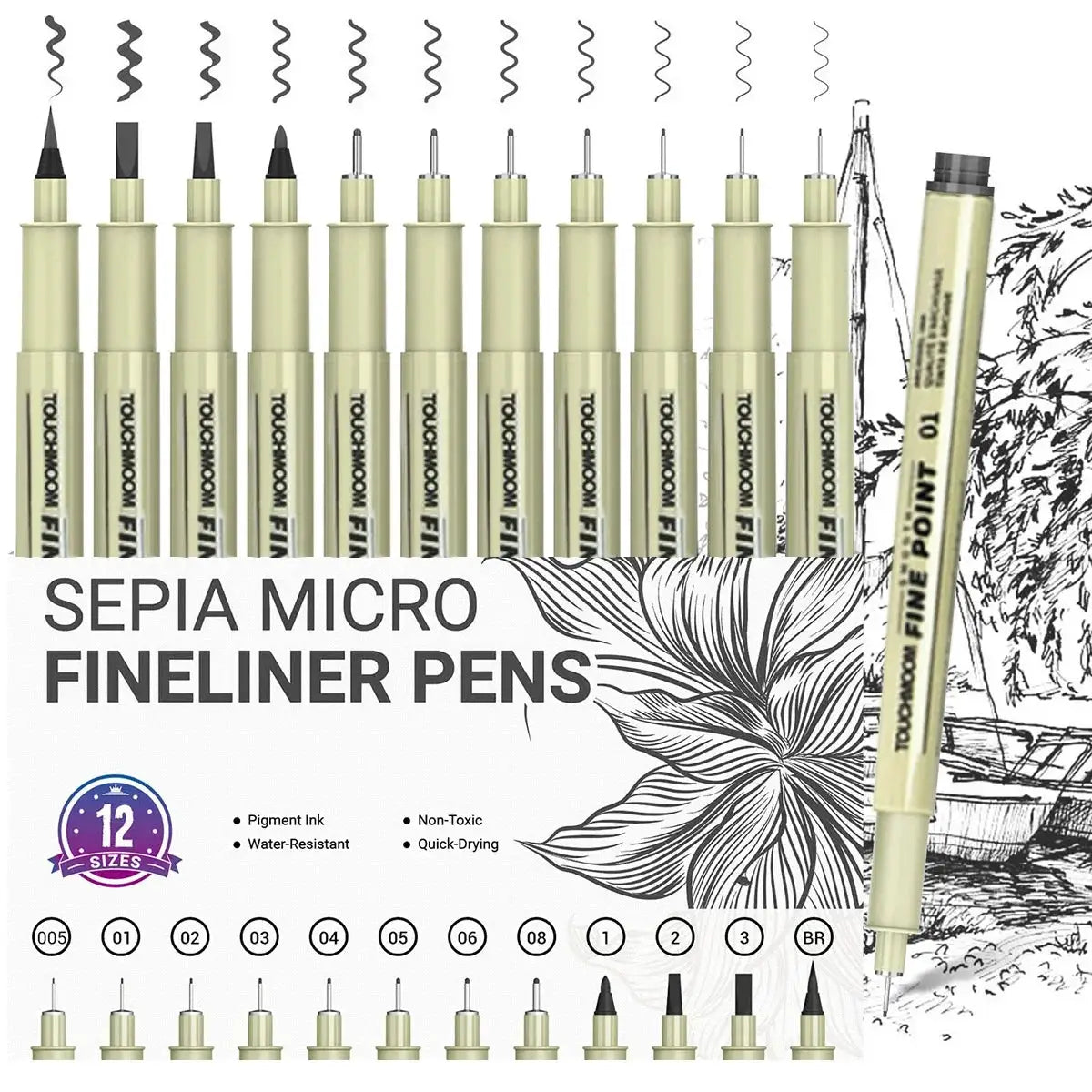 Simples Market sepia micro fineliner pens set, 12 pieces with assorted tips for sketching