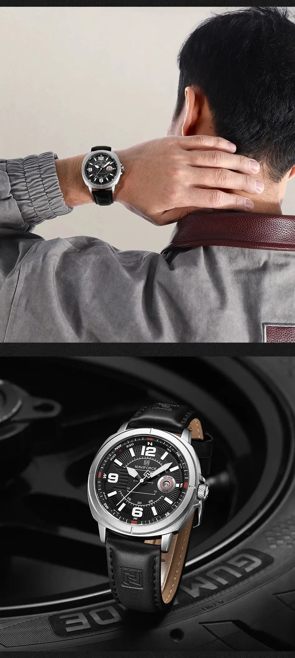 Two NAVIFORCE men's quartz watches with silver cases, black PU strap and black leather strap, dark dials