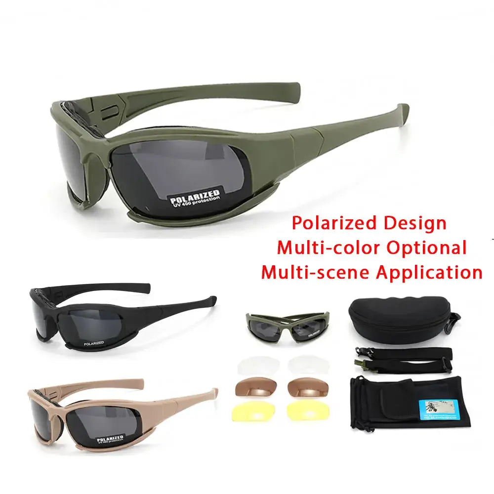 4-Lens Tactical Goggles set by Simples Market with polarized windproof lenses; green, black, tan frames and case