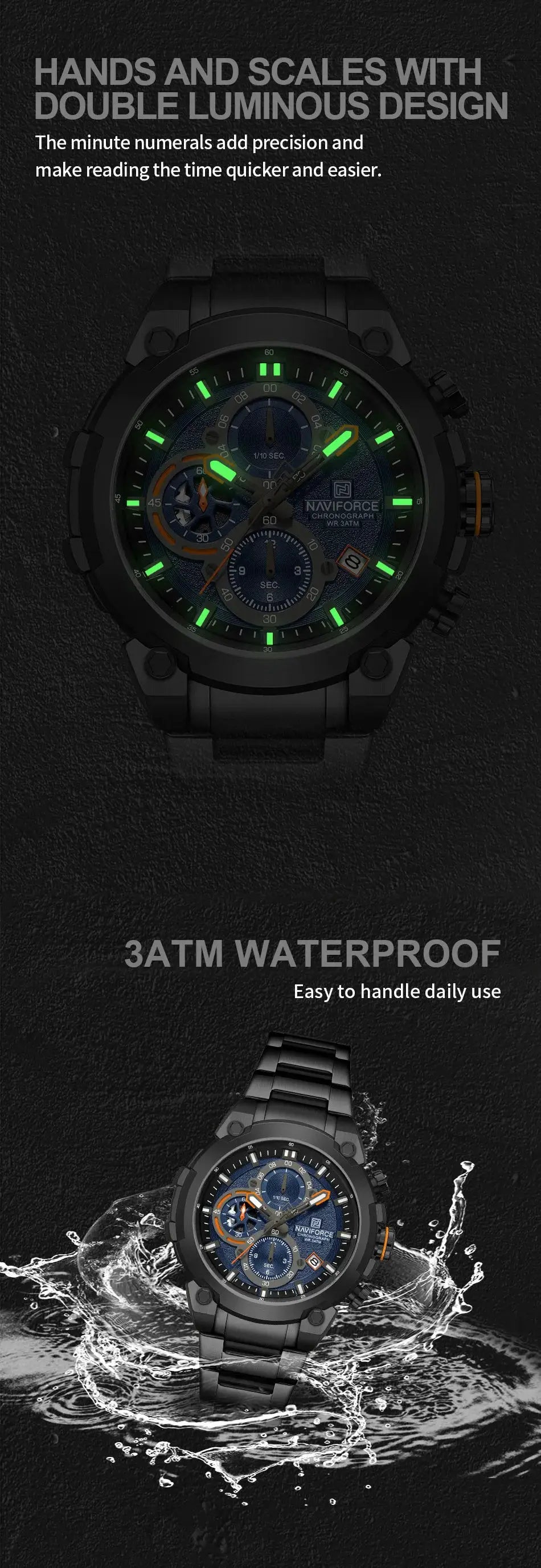 NAVIFORCE men's military chronograph watch with black metal band, blue dial, green luminescent markers, 3ATM waterproof