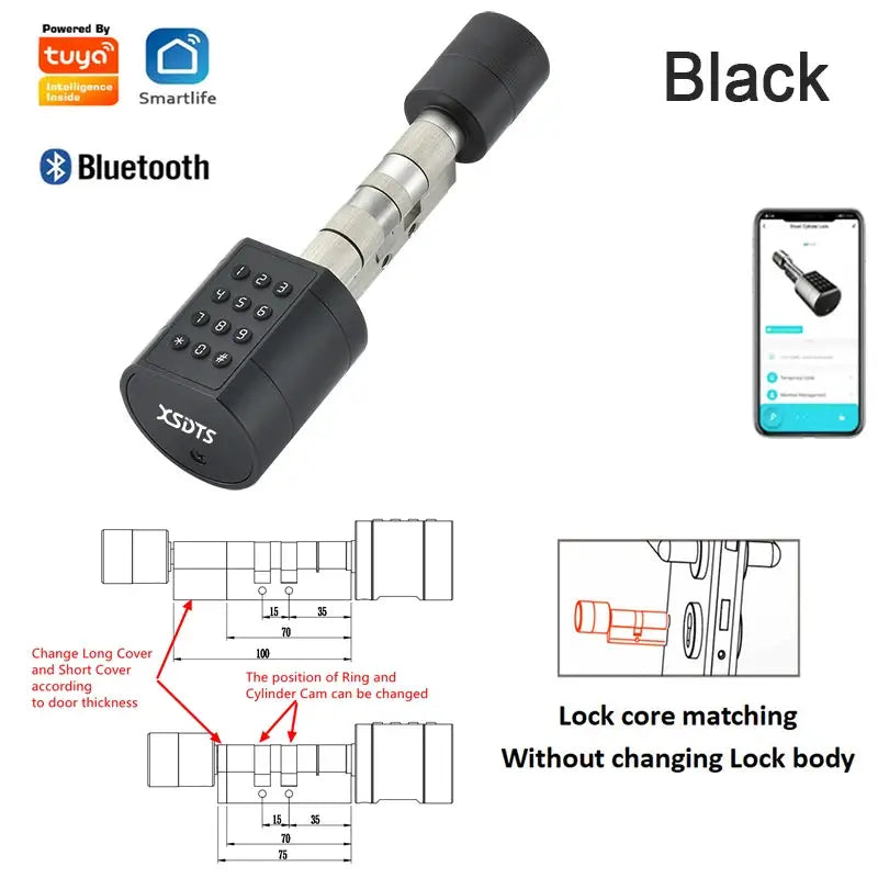 Tuya smart door lock cylinder with keypad, black finish, Simples Market Bluetooth app control