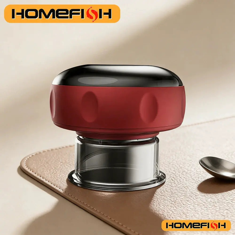 Plug-In Smart Vacuum Cupping Massager, red with black lid and clear glass cup, Homefish logo.