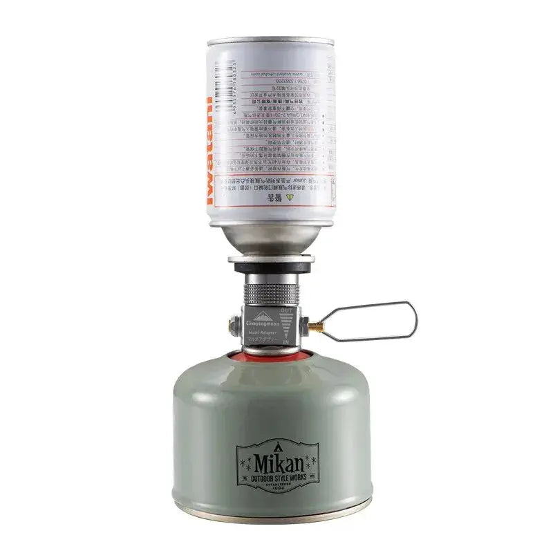 CampingMoon Z15 gas tank adapter with pressure relief valve on a Mikan propane canister
