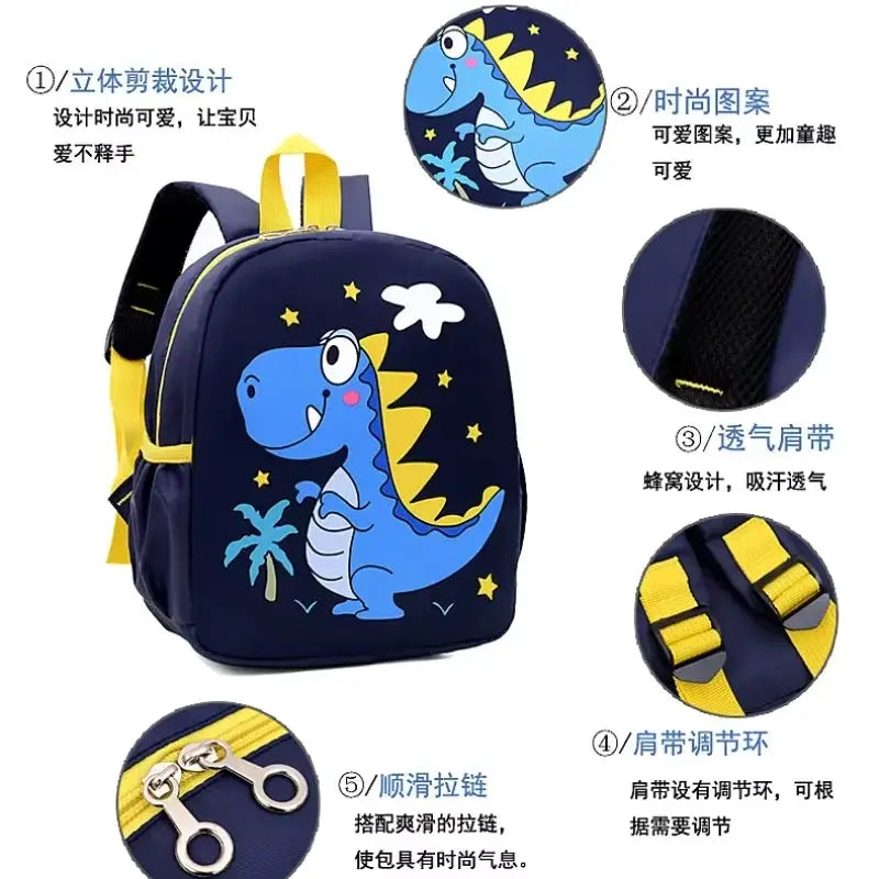 Kids dinosaur backpack navy canvas with yellow straps and a playful blue dinosaur print