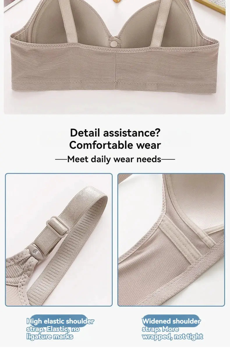 Beige women's bra with adjustable elastic straps and wide back band; close-up of strap adjuster and reinforced seam.