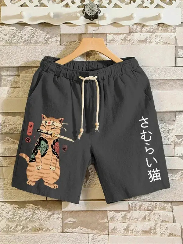 Men's gray quick-dry swim shorts with 3D anime samurai cat graphic, white drawstring, Japanese text on leg