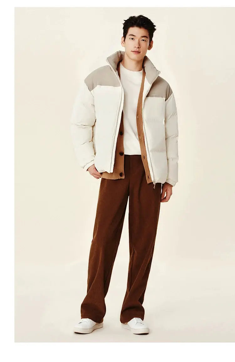 Semir down jacket, white and beige two-tone quilted puffer with high collar for unisex winter outerwear