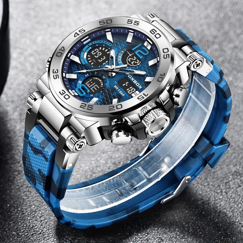 LIGE electronic men's wristwatch with blue camouflage strap and stainless steel case