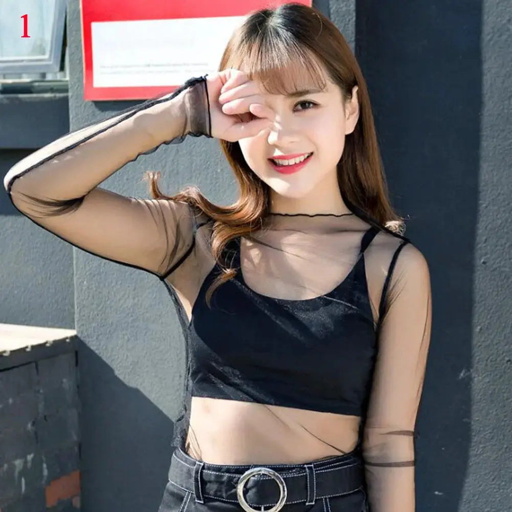 AstraNova Mesh Couture Black Hollow Out Turtleneck Top Sheer See Through Long Sleeve Womens Shirt