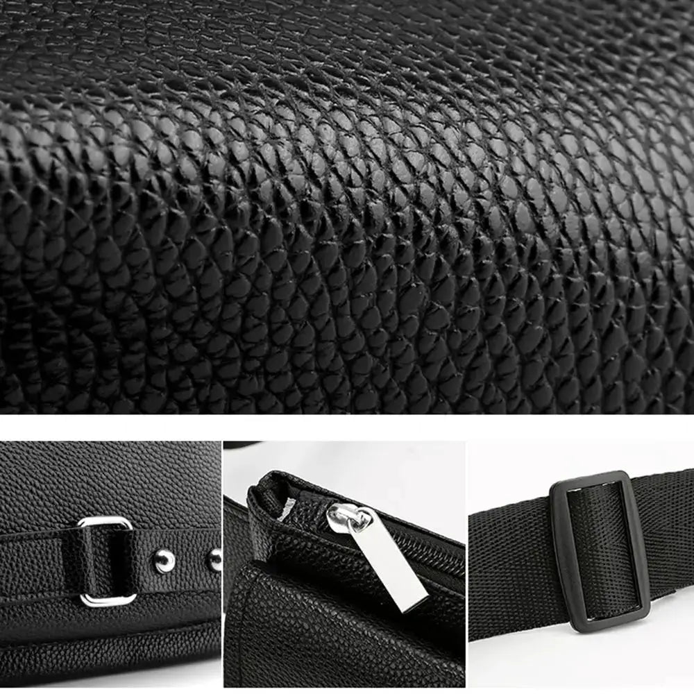 Leather waist bag with adjustable strap in black color.