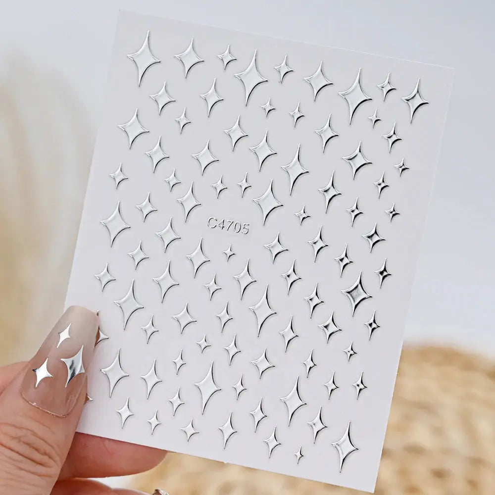 Metal silver nail sticker sheet with 3D star decals, self-adhesive