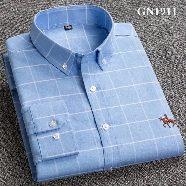 Casual men's light blue Oxford shirt with white windowpane checks, long sleeves, horse embroidery, regular fit