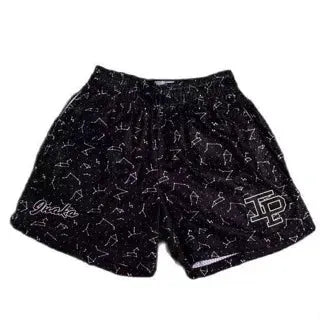 Men's black mesh quick-dry athletic shorts with white speckled pattern