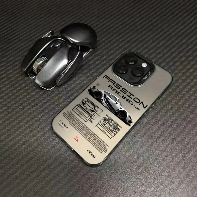 Phone case by Simples Market for iPhone; beige-gray hard-shell with racing car graphic.