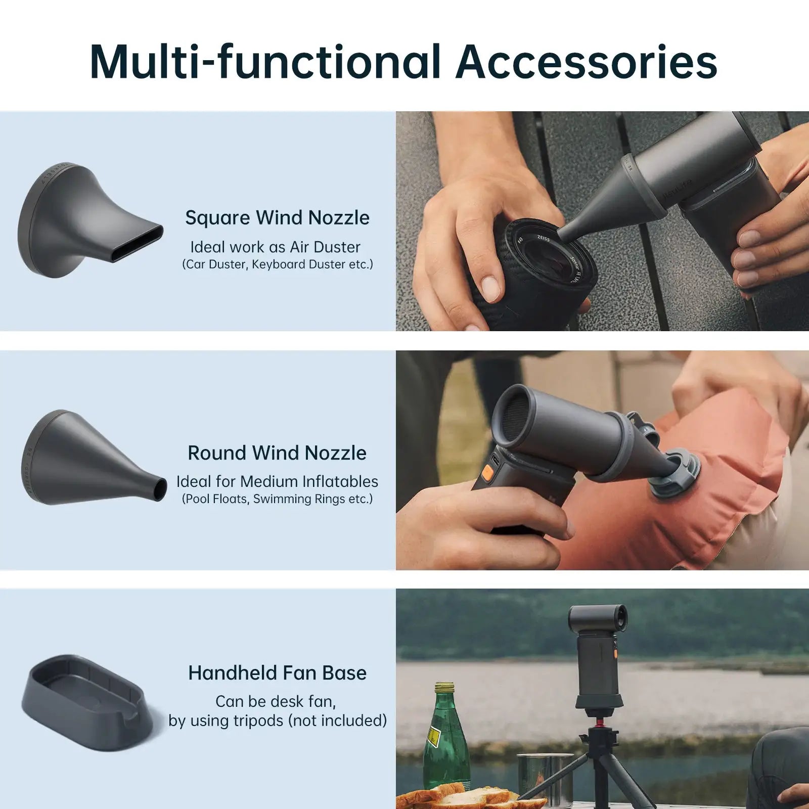 JISULIFE Portable Turbo Handheld Fan: gray square wind nozzle, round wind nozzle, and handheld fan base