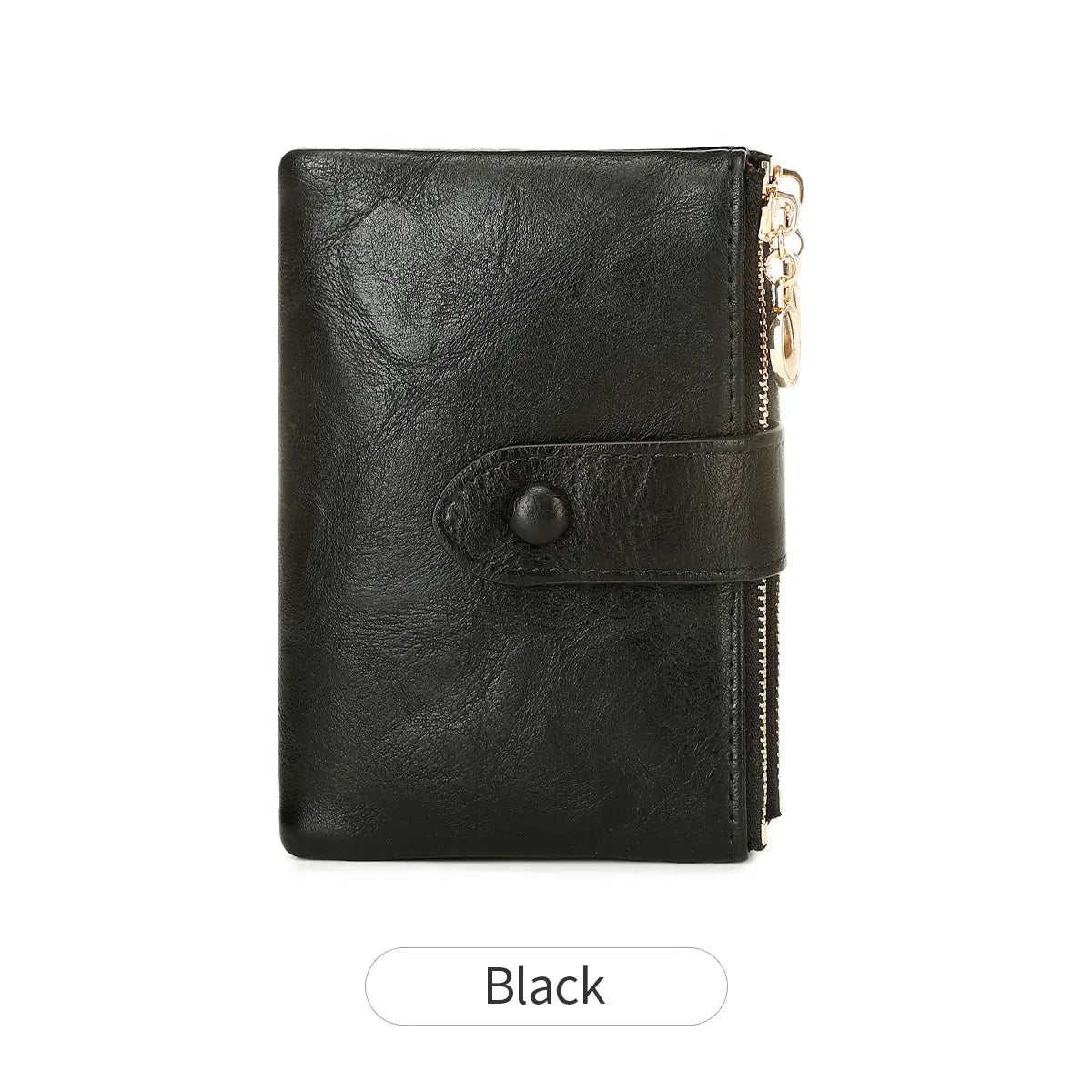 Black leather minimalist women's wallet with three-layer design and side zipper pocket