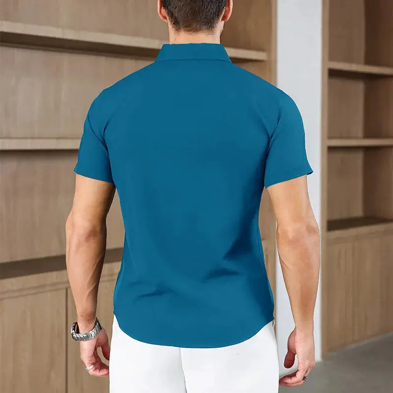 Men's blue short-sleeve polo shirt, solid color, business casual, no iron