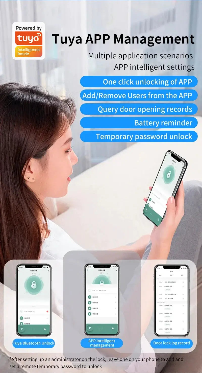 Smart fingerprint door lock for wooden doors, Tuya-powered Bluetooth app control with NFC and mechanical key (IP65)