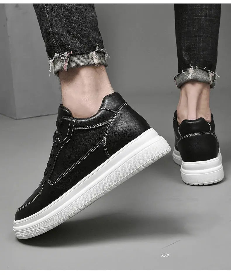 Simples Market men's black leather elevator sneakers with white sole, casual sporty footwear.