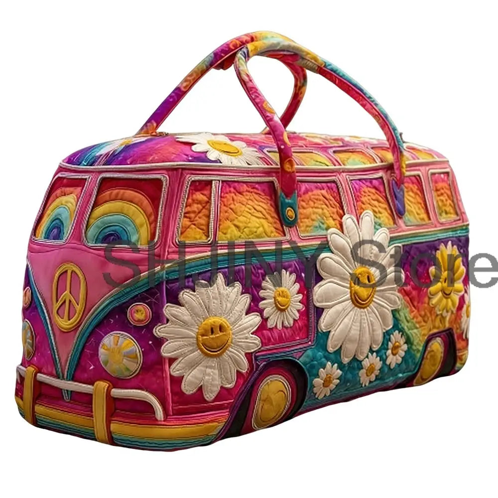 Quilted camping trailer duffle bag with rainbow patchwork and daisies, unisex travel bag by Simples Market