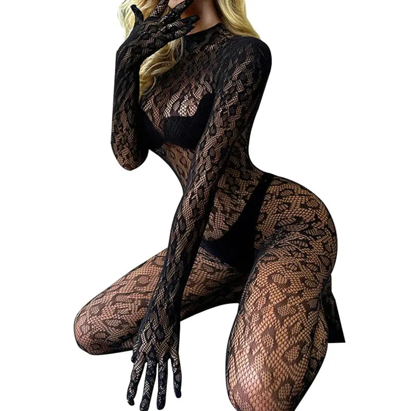 LaceNova Leopard Print Mesh Bodystocking See Through Crotchless Backless Full Sleeve Lingerie Bold Silhouette