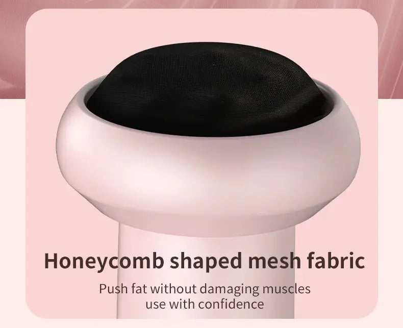 Pink cordless handheld body massager with honeycomb mesh fabric head