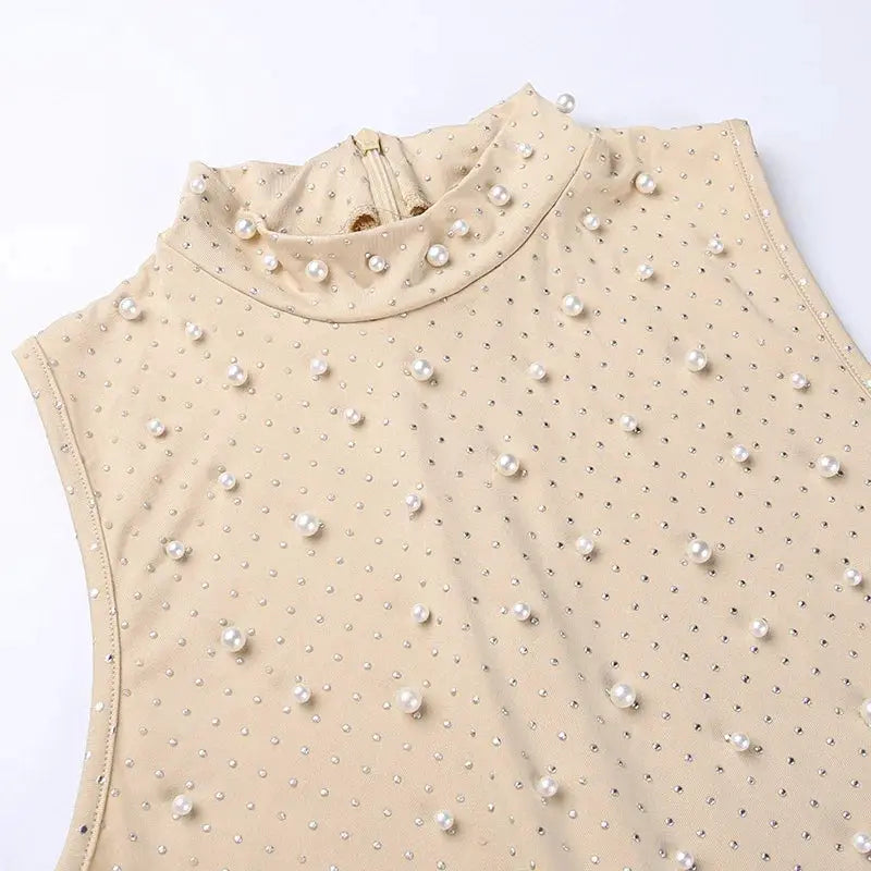 Beaded apricot sleeveless jumpsuit with pearl embellishments, Simples Market