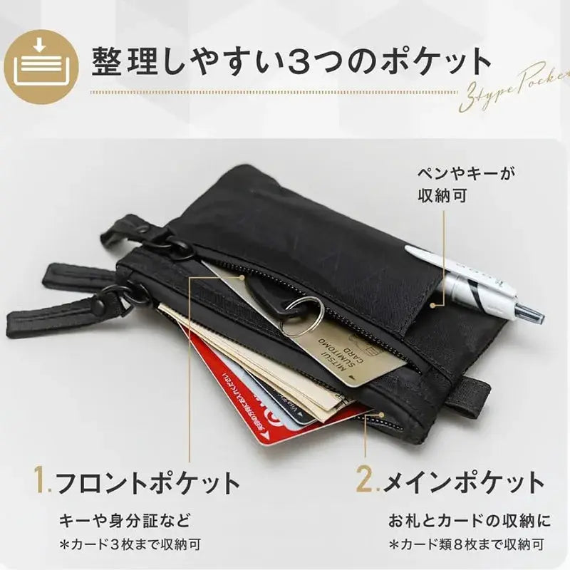 Zipper RFID nylon wallet, black, with front and main pockets for cards and coins