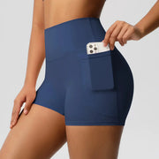 Women’s pocketed navy yoga shorts, high‑waist, quick‑dry fabric for workouts
