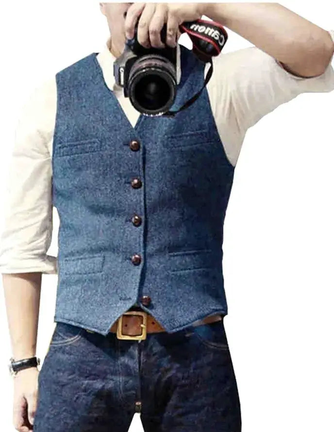 Men's blue V-neck tweed waistcoat vest with brown buttons