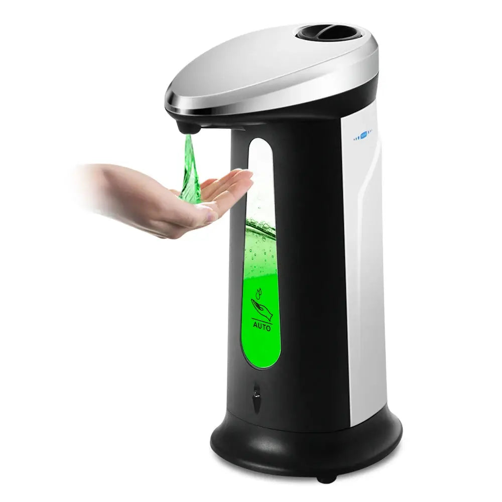 400ml automatic touchless liquid soap dispenser by Simples Market, black body with silver top and green liquid visible.