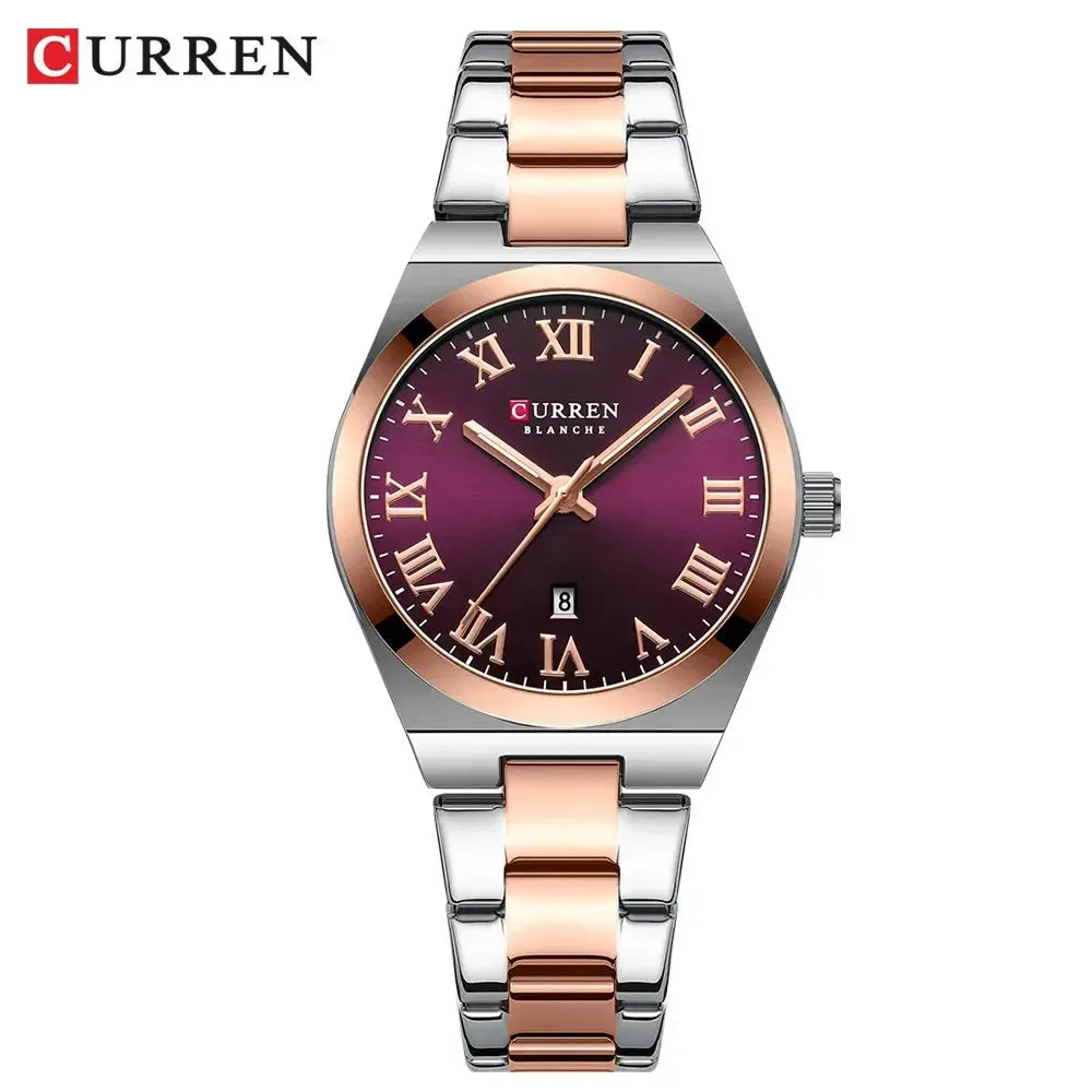 CURREN women’s watch with two-tone stainless steel bracelet in silver and rose gold, purple Roman numeral dial with date.
