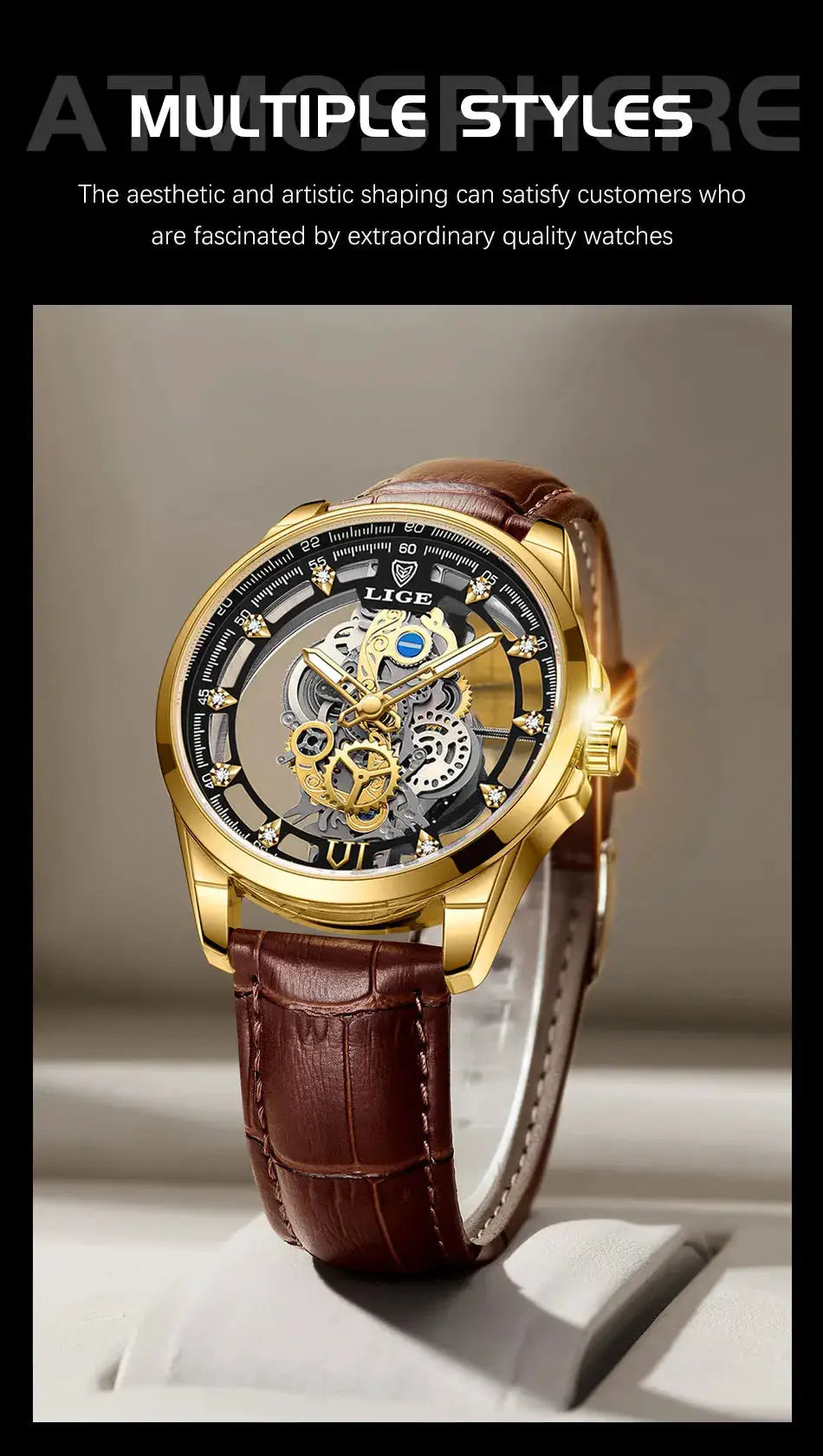LIGE men’s gold-tone skeleton watch with brown leather strap, visible gears, quartz movement