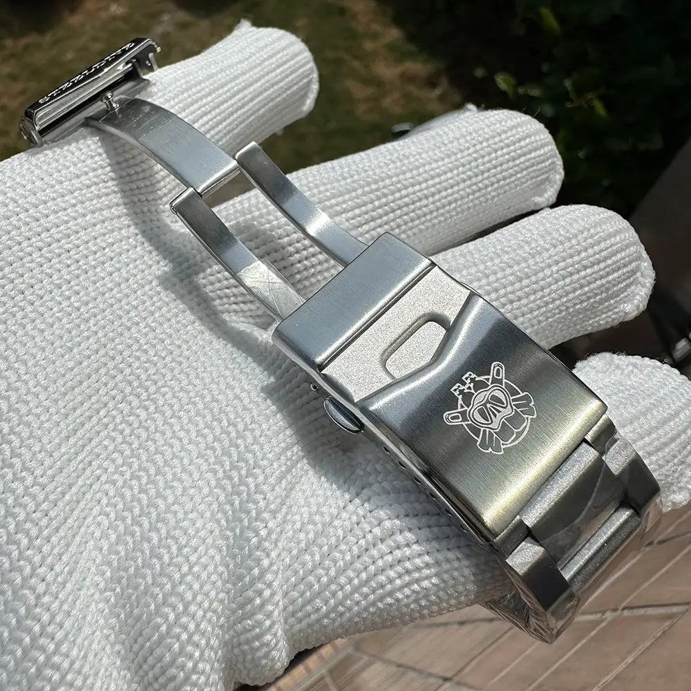 Steeldive Proplof SD1969 V3 stainless steel dive watch bracelet with deployant clasp and engraved logo.