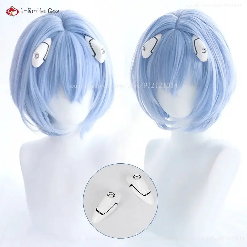 Rei Ayanami cosplay wig by Simples Market, short blue heat-resistant synthetic wig with white hair clips and wig cap
