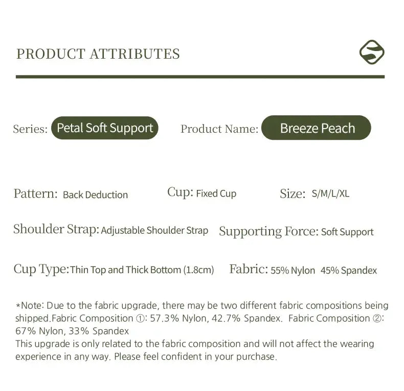 Bra product attributes for Breeze Peach by Simples Market; Petal Soft Support, adjustable straps, fixed cup, sizes S-XL.