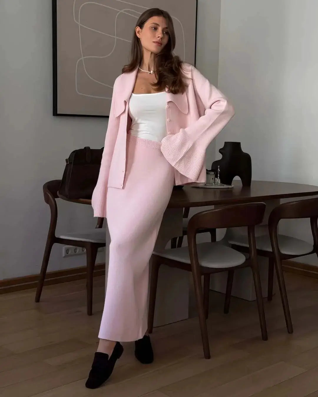 Hirsionsan Two Piece Set Women Polo Neck Cardigan And Midi Dress