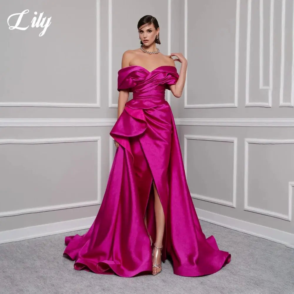 Lily Red Satin Prom Gown Off Shoulder Party Dress Pleated Side Split