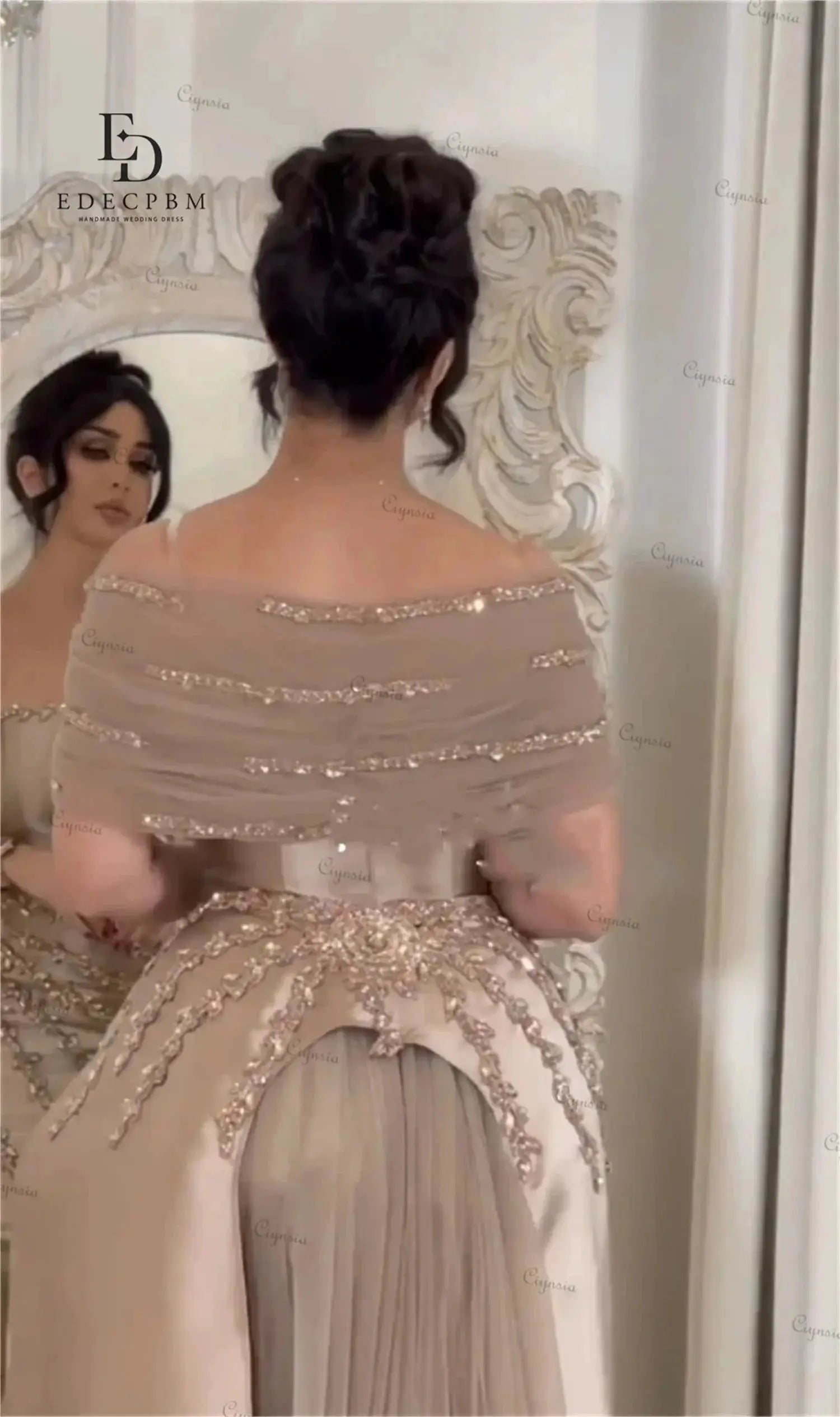 Customized Saudi Champagne Satin Evening Dress With Beading Luxurious