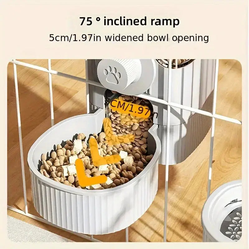 Simples Market hanging automatic pet feeder and waterer set for cages, white gravity-fed bowl.