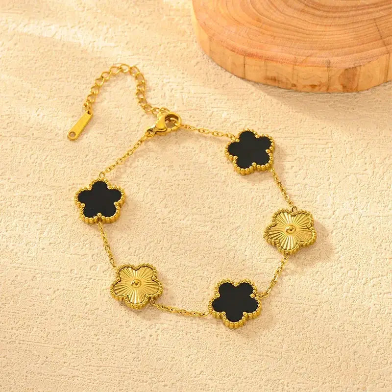 Adjustable Stainless Steel Bracelet Double Sided Five Leaf Clover Petals Gold Plated Women Fashion Jewelry