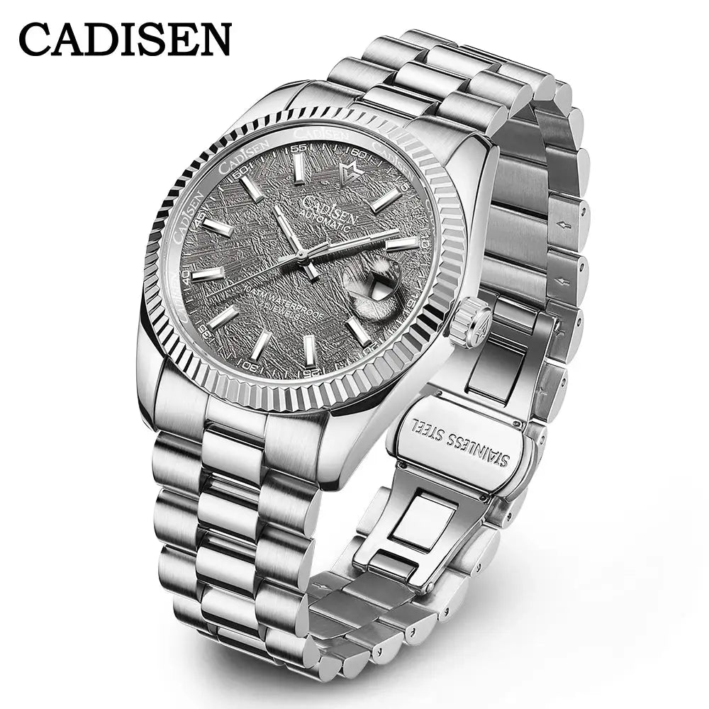 CADISEN stainless steel men's automatic watch with textured dial, date window, fluted bezel