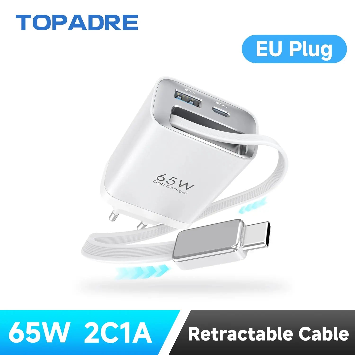 65W GaN PD3.1 charger with retractable cable; 3-port USB-C + USB-A travel adapter, Simples Market