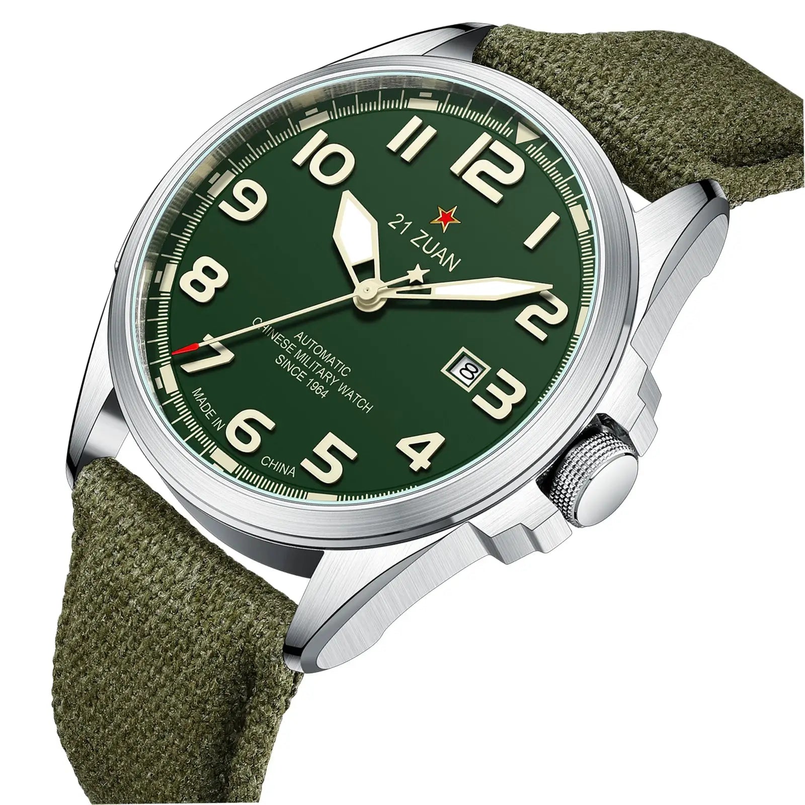 Seagull military men's wristwatch with green dial, luminous hands, date window, stainless steel case, green canvas strap