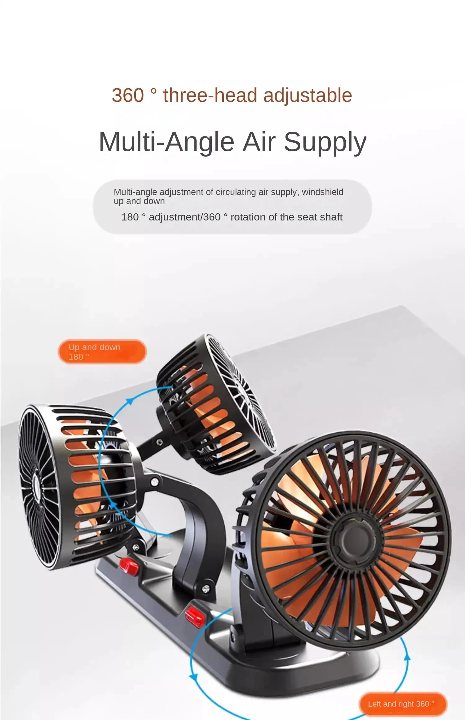 Simples Market car fan, 3-head 360° adjustable, black with orange blades, USB/12V/24V vehicle desk fan
