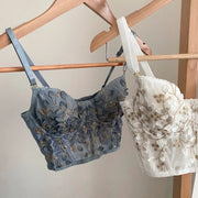 Floral-embroidered lace bralettes, blue-gray and white, 2-pack with adjustable straps