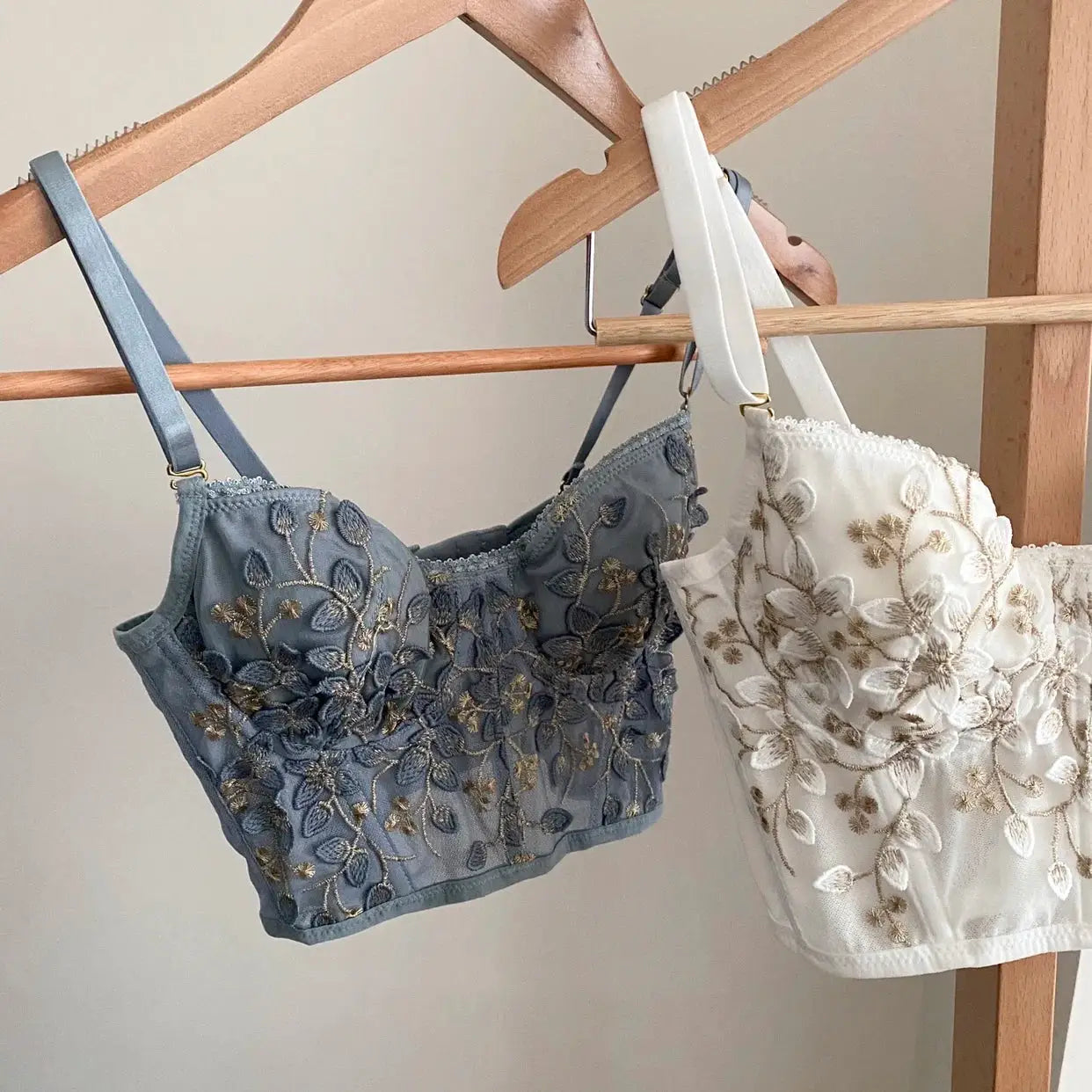 Floral-embroidered lace bralettes, blue-gray and white, 2-pack with adjustable straps
