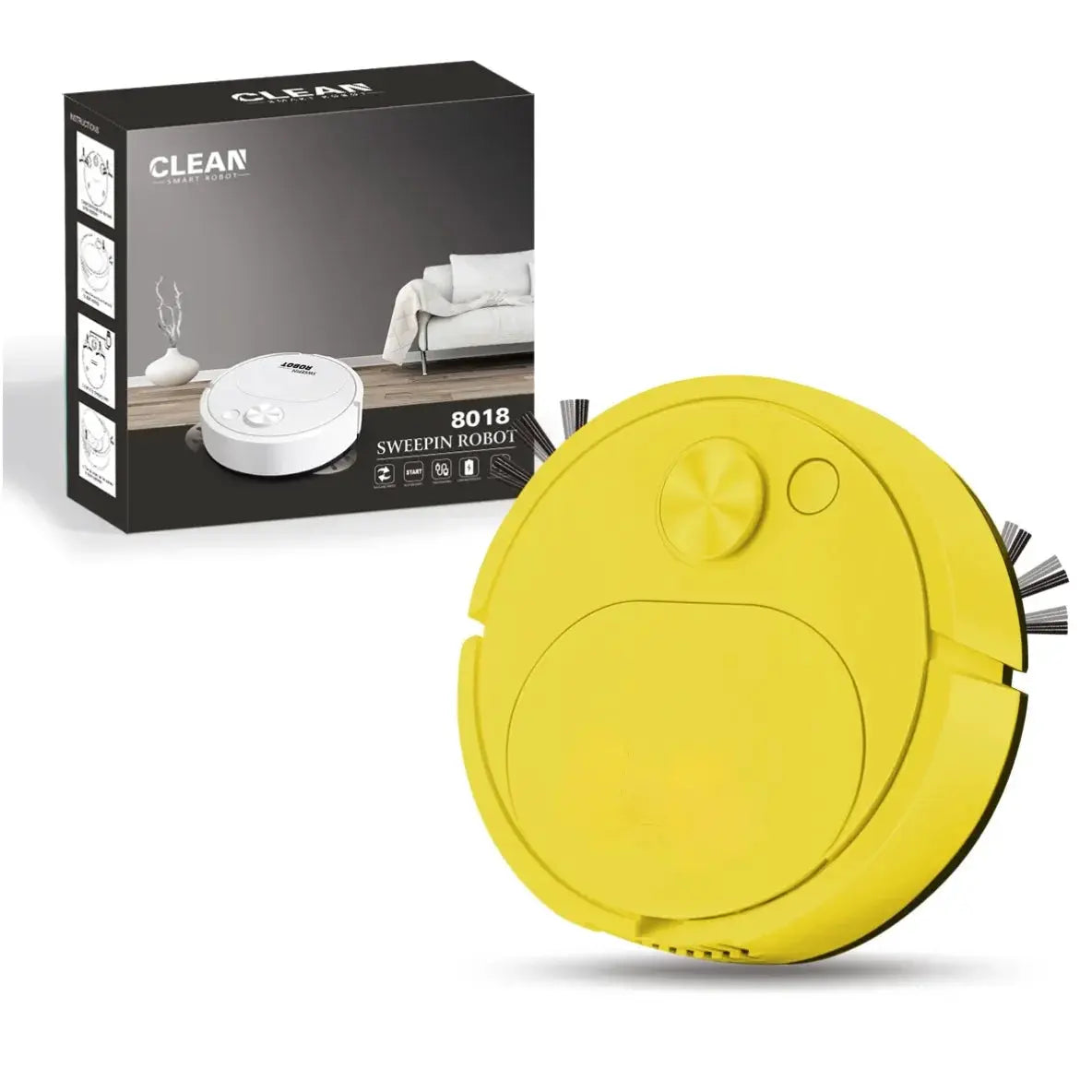 Yellow circular robot vacuum cleaner with side brushes, shown beside its packaging box.