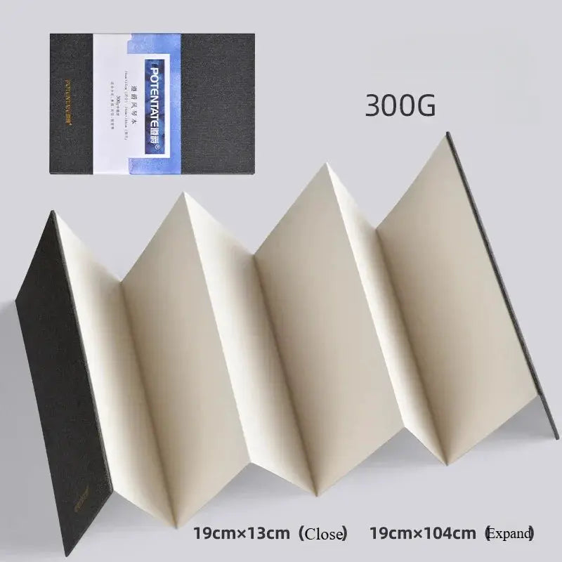 Simples Market mini watercolor sketchbook, foldable accordion with black cover; 19x13 cm closed, expands to 19x104 cm
