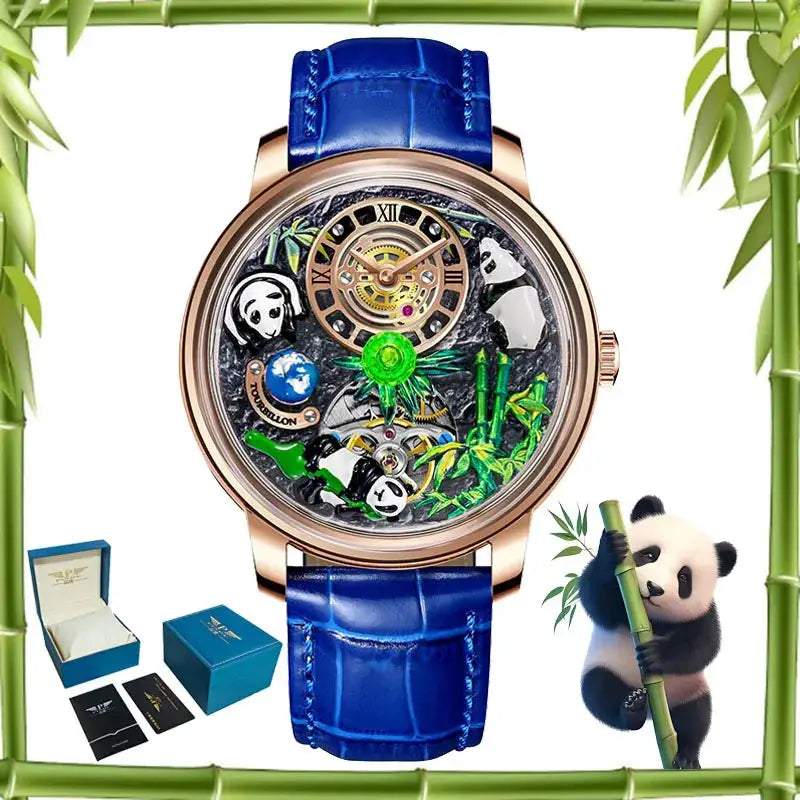 Men's panda-themed mechanical watch with rose gold case, blue leather strap, rotating crystal ball, 45.5mm